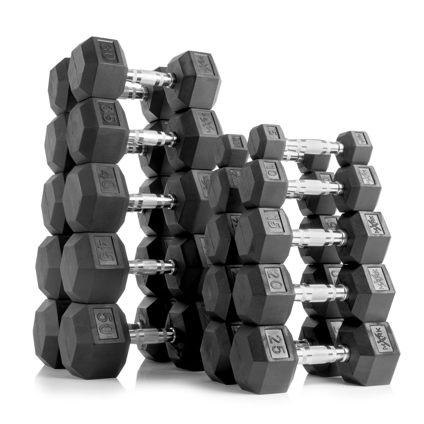 10 - Pairs, 5 to 50 lbs. Hex Dumbbells Includes 3 - Tier Storage Rack - Grit Grind Strength