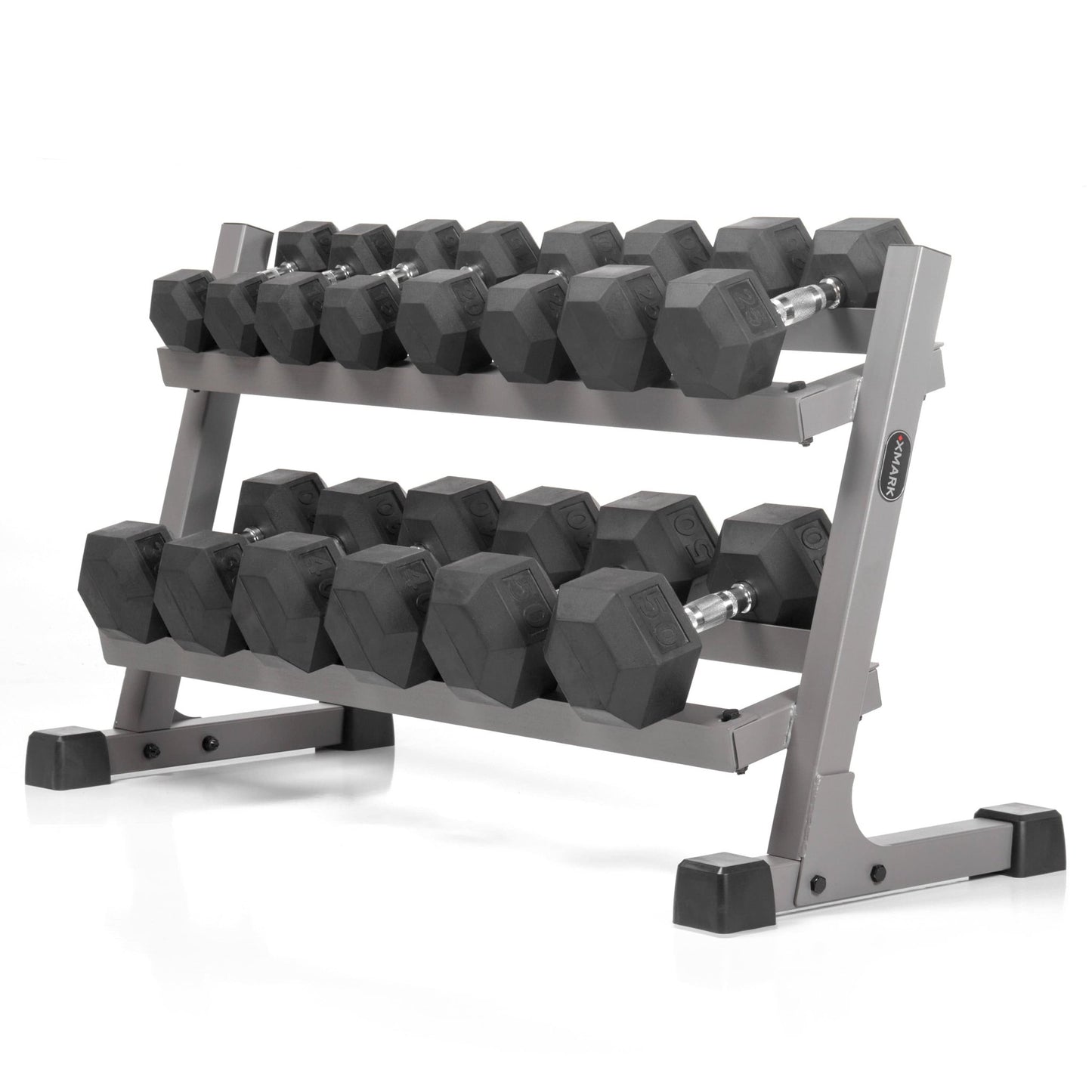 10 to 50 lbs. Rubber Hex Dumbbell Pairs Includes 2 - Tier Storage Rack - Grit Grind Strength