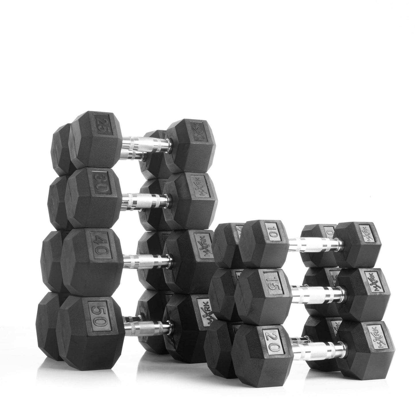 10 to 50 lbs. Rubber Hex Dumbbell Pairs Includes 2 - Tier Storage Rack - Grit Grind Strength