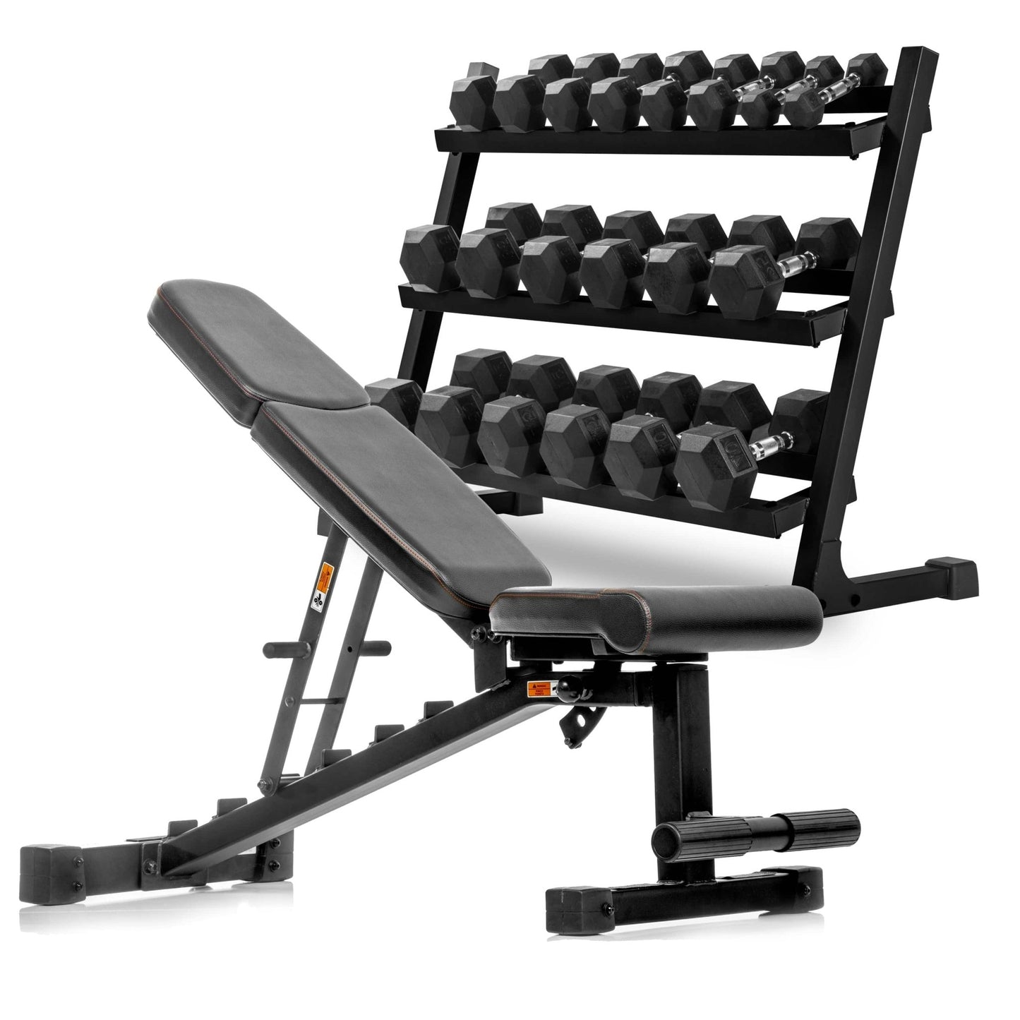 5 - 50 lb Hex Dumbbell Set with Rack and Weight Bench - Grit Grind Strength