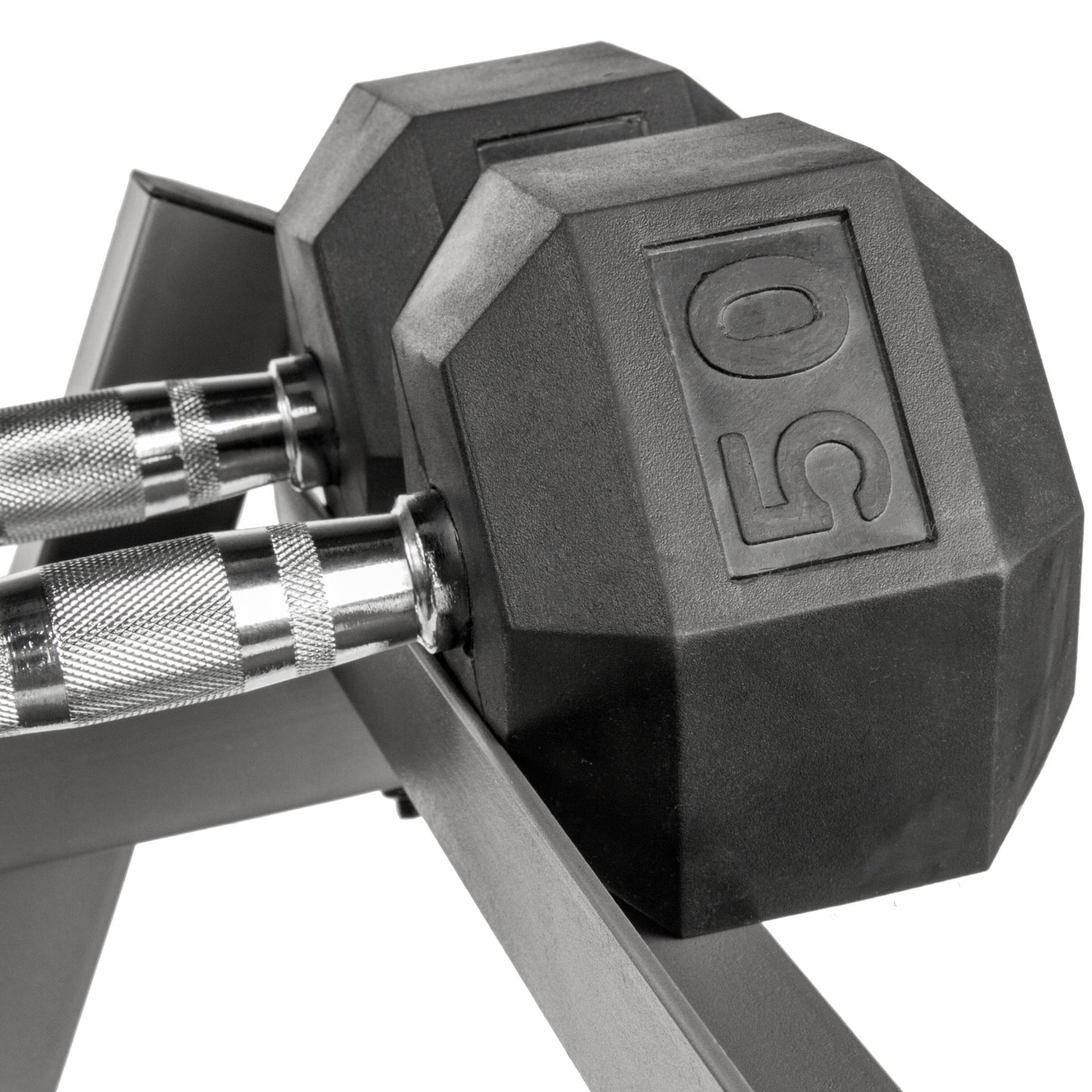 5 - 50 lb Hex Dumbbell Set with Rack and Weight Bench - Grit Grind Strength
