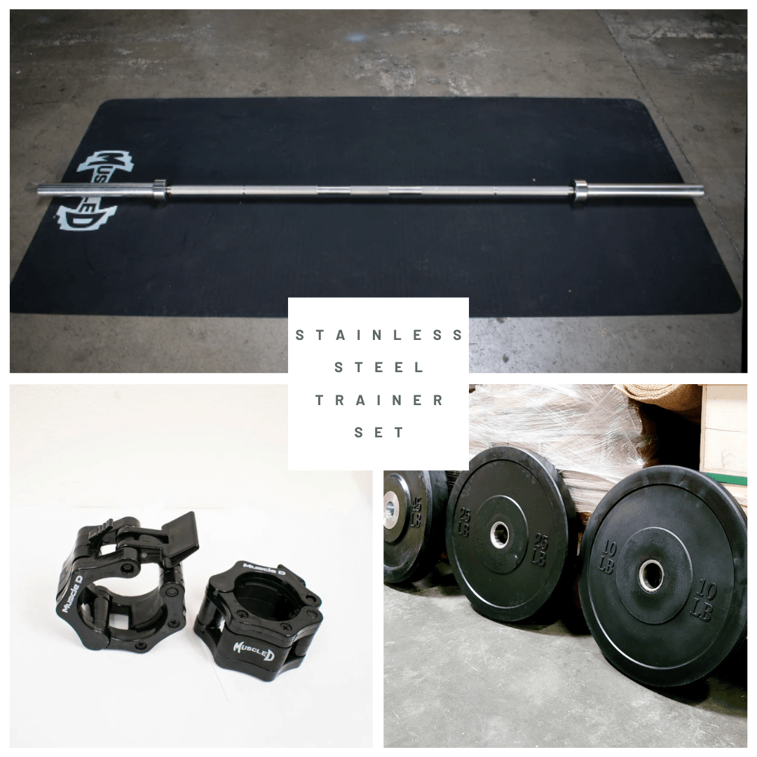 7' Stainless Steel Bushing Olympic Bar and Bumper Plate Set - Grit Grind Strength