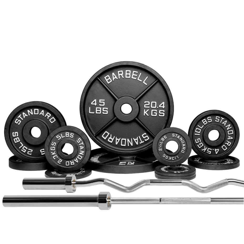 Barbell Standard Set Bar + 180lbs + Curl Bar Barbell 2000 Power Barbell Weight Sets