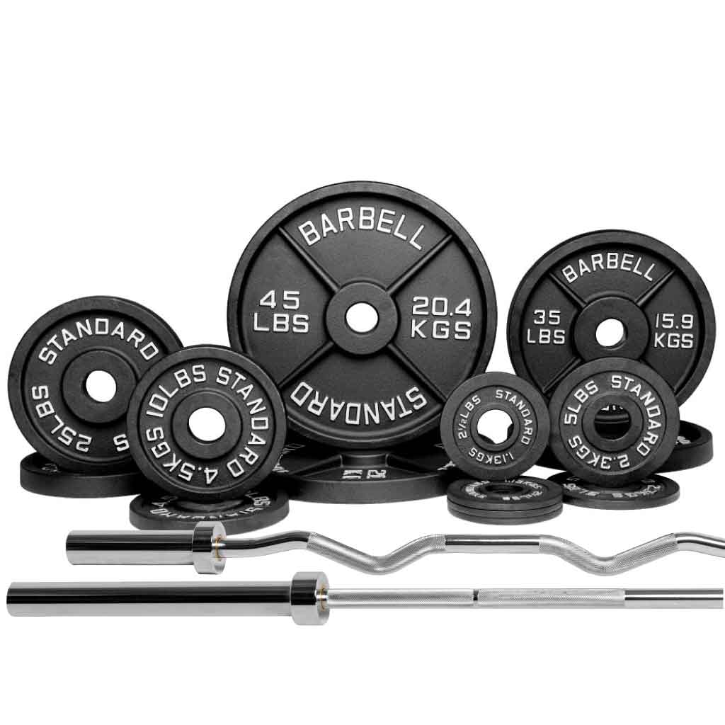 Barbell Standard Set Bar + 250lbs + Curl Bar Barbell 2000 Power Barbell Weight Sets
