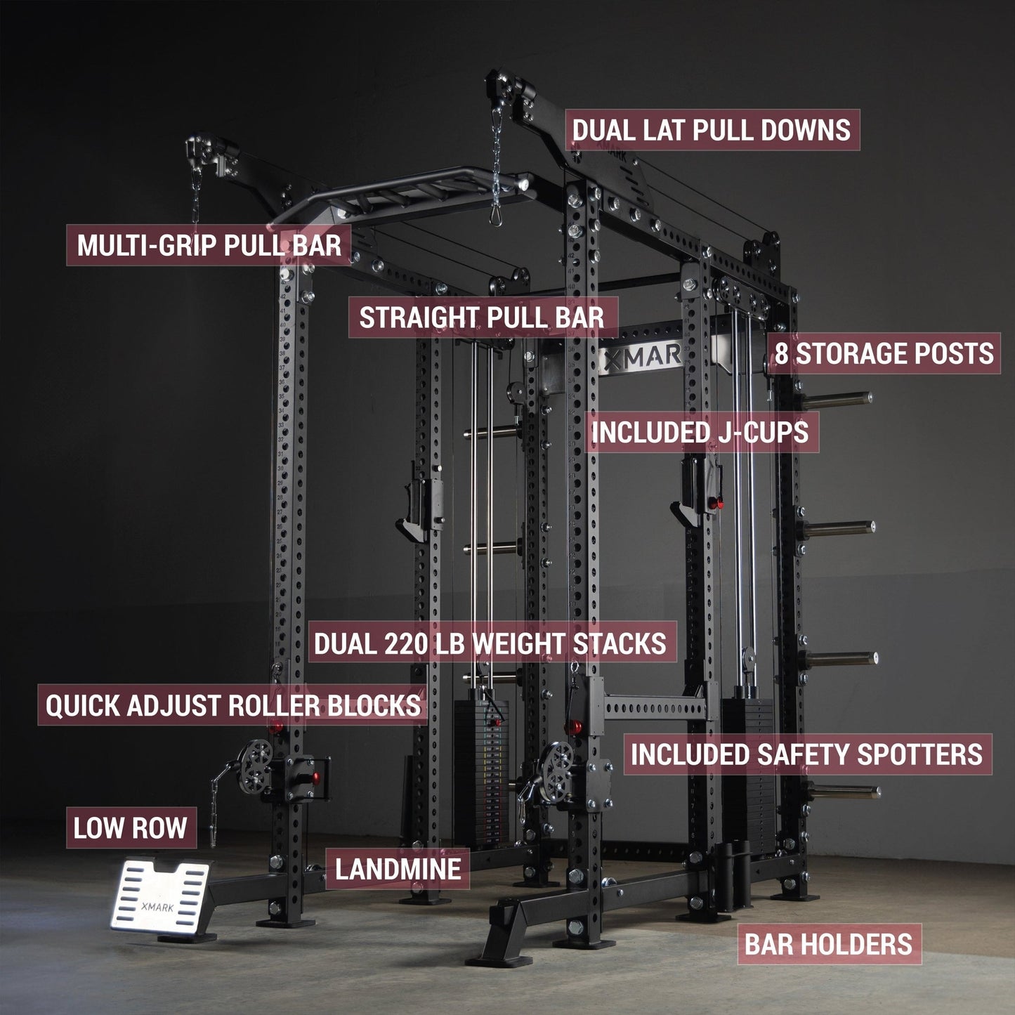 Commercial Power Rack Cable Machine, 440 lbs Total Stack Weight - Grit Grind Strength