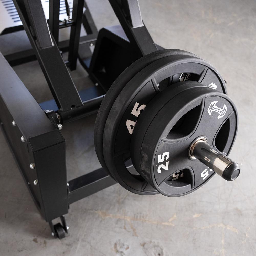 Excel Glute Line Hack Squat / Front Squat - Muscle D Fitness - Plate Load Squat Machine - Counter Balanced - Plate Storage Pegs - Grit Grind Strength