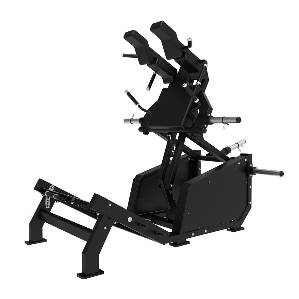 Excel Glute Line Hack Squat / Front Squat - Muscle D Fitness - Plate Load Squat Machine - Counter Balanced - Plate Storage Pegs - Grit Grind Strength