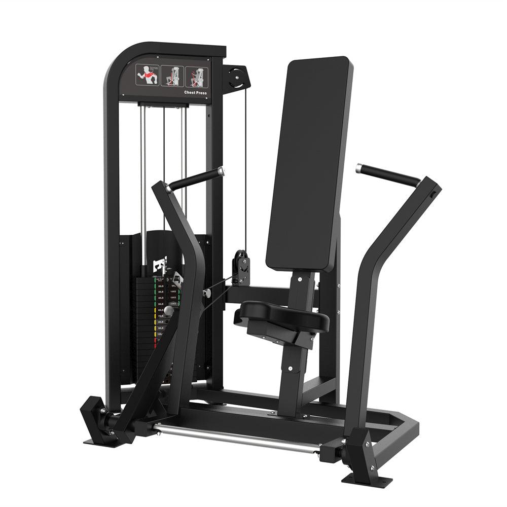 Excel Seated Chest Press - Muscle D Fitness - Selectorized Bench Press - Gas Shock Assisted Seat Adjustment - Grit Grind Strength