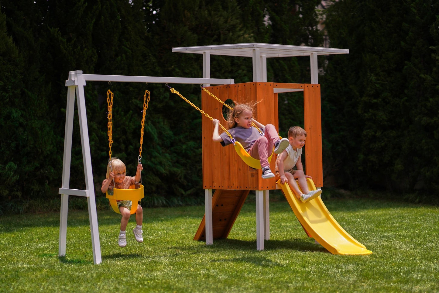 Forest Small Outdoor Toddler Swing Set | Compact Wooden Swing Frame for Babies & Kids - Grit Grind Strength