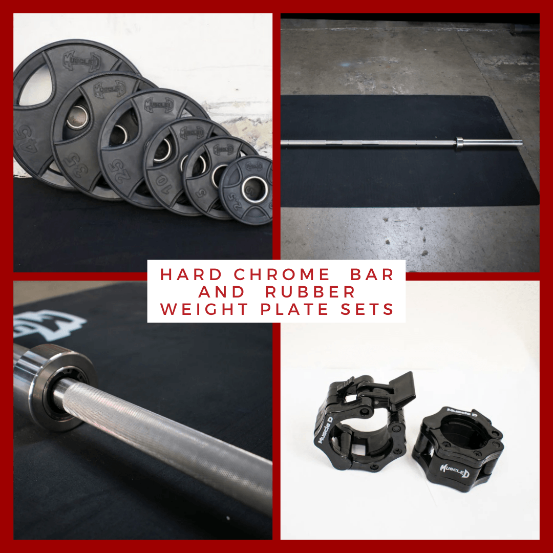 Hard Chrome Olympic Bar and Olympic Rubber Weight Plate Sets - Grit Grind Strength