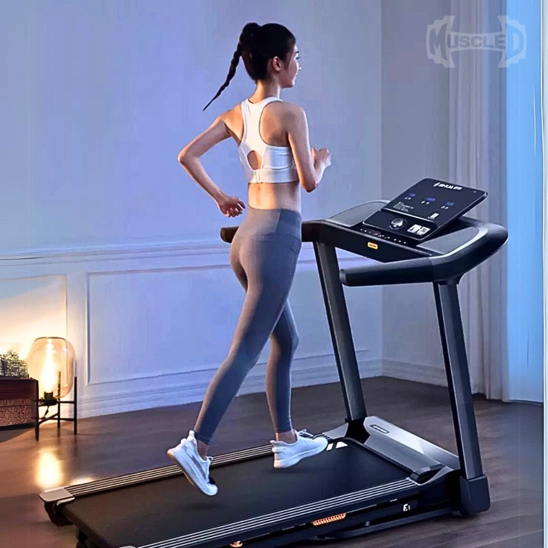 Light Commercial Folding Treadmill - Muscle D Fitness - LED Display - Heart Rate Monitor - Safety Clip - Grit Grind Strength