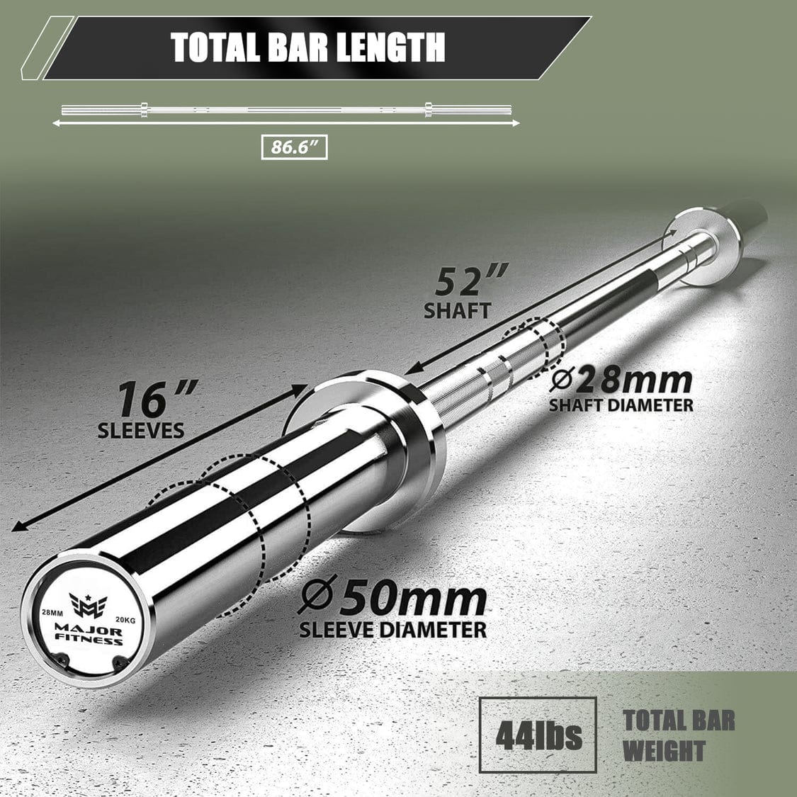Major Fitness barbell bar 7ft 45lb Home Gym Barbell Chrome Black