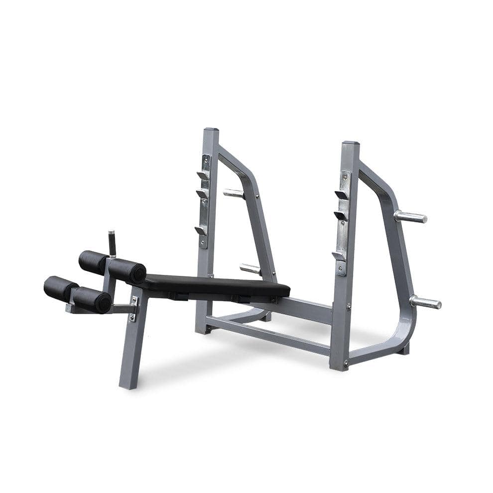 Olympic Decline Bench - Muscle D Fitness - 11 Gauge Steel - Commercial Upholstery - Weight Storage Pegs - Grit Grind Strength