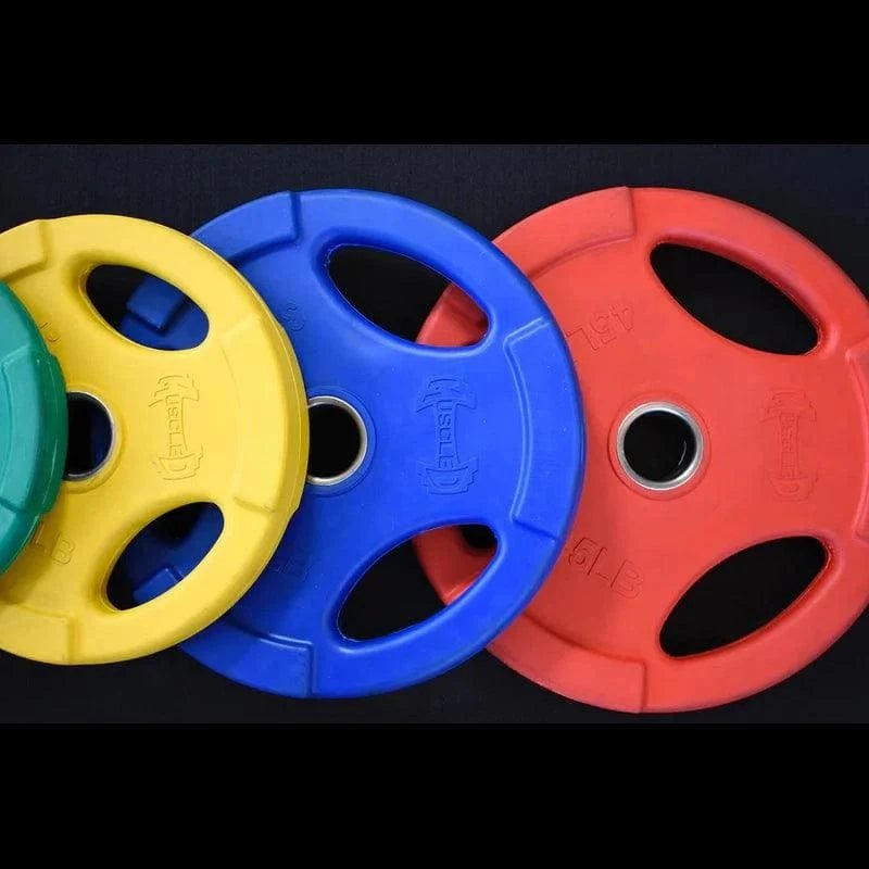 RUBBER COATED COLORED OLYMPIC PLATES: Rubber Plates, per Pair - Muscle D Fitness - Weights Pairs - Grit Grind Strength