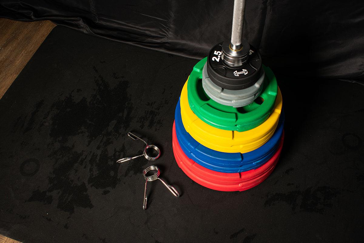 RUBBER COATED COLORED OLYMPIC PLATES: Rubber Plates, per Pair - Muscle D Fitness - Weights Pairs - Grit Grind Strength