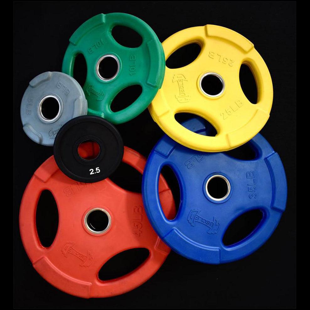 RUBBER COATED COLORED OLYMPIC PLATES: Rubber Plates, per Pair - Muscle D Fitness - Weights Pairs - Grit Grind Strength