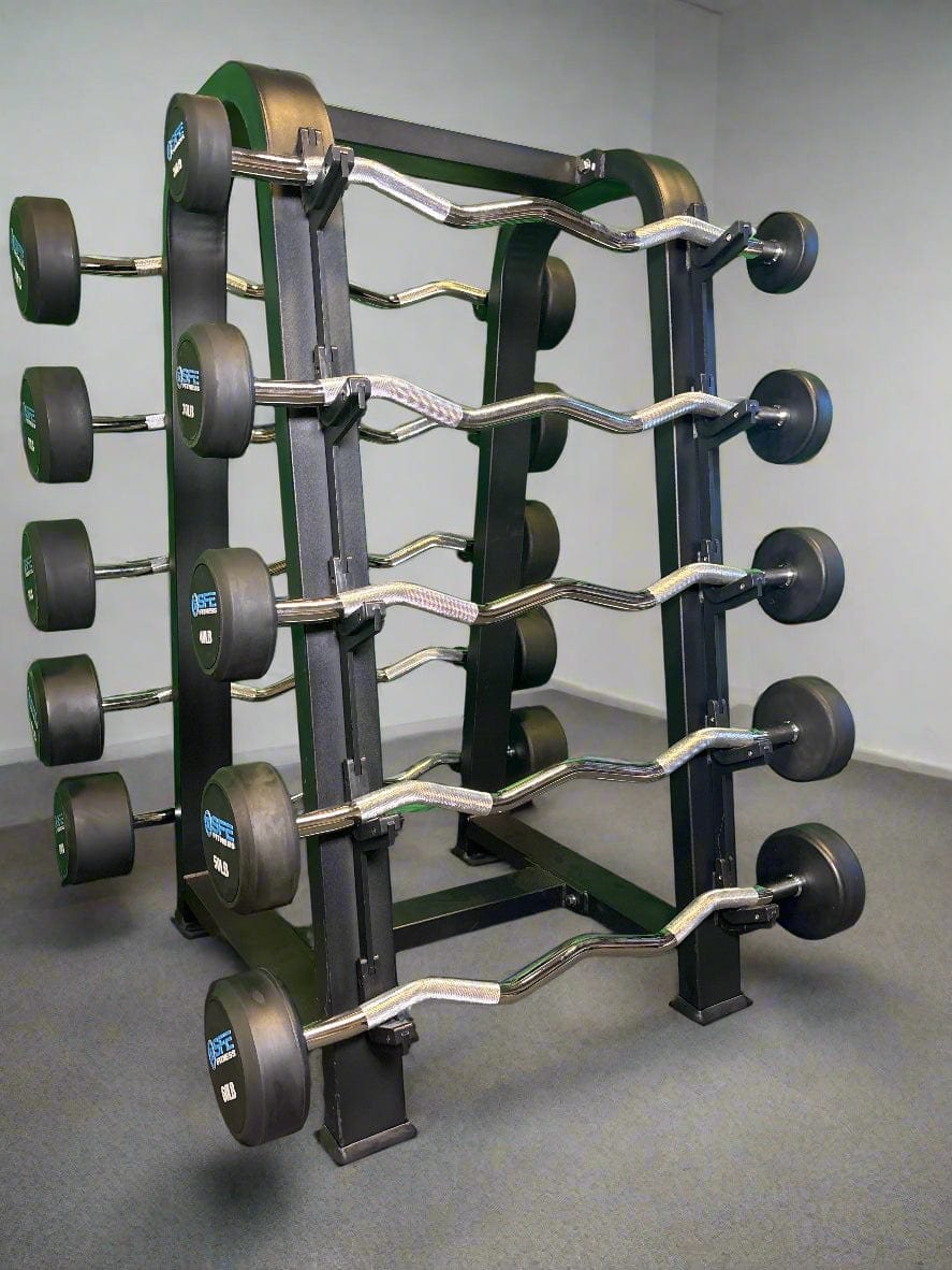 SFE Rubber Fixed EZ Curl Barbell SET 20LBs - 110LBs with Rack (New) - Grit Grind Strength