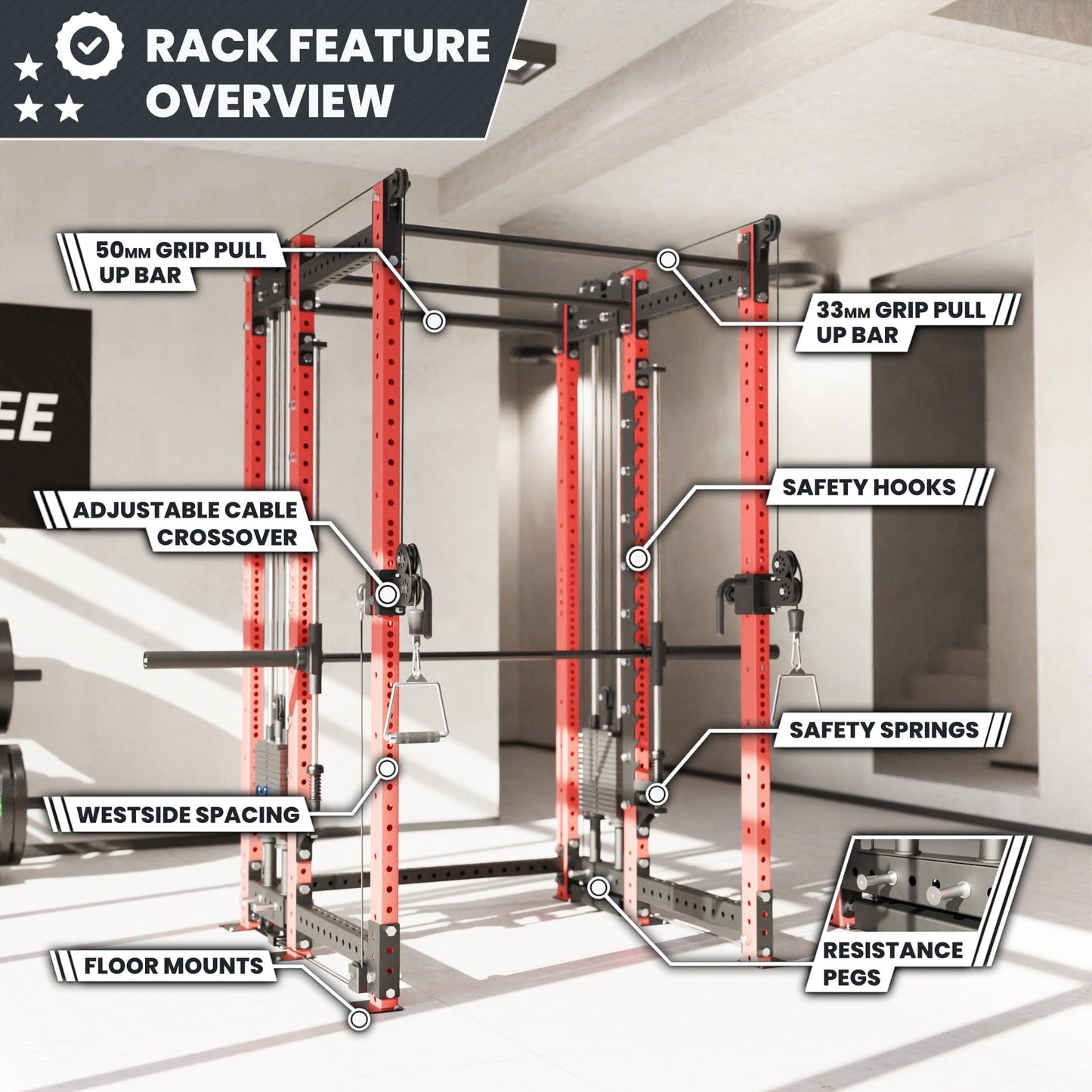 Synergee 2300 Series Power Cage with Synchronized Loaded Cable Cross Overs and Smith Machine - Grit Grind Strength