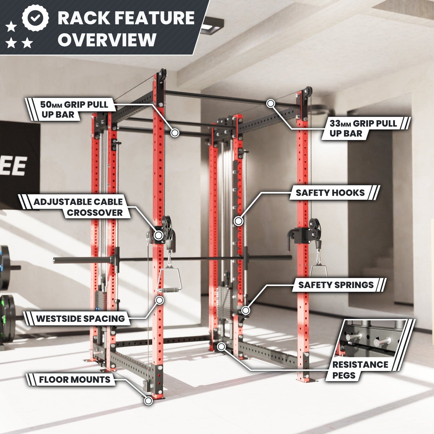 Synergee 2300 Series Power Cage with Synchronized Loaded Cable Cross Overs and Smith Machine - Grit Grind Strength
