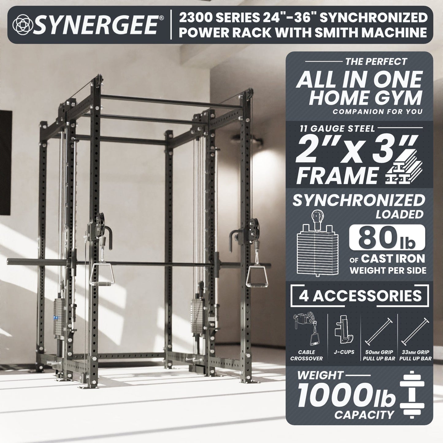 Synergee 2300 Series Power Cage with Synchronized Loaded Cable Cross Overs and Smith Machine - Grit Grind Strength
