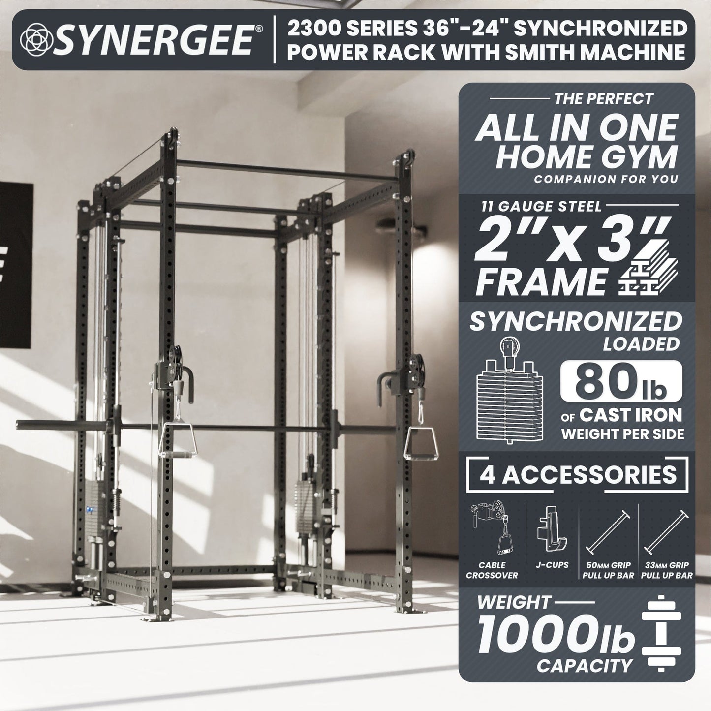 Synergee 2300 Series Power Cage with Synchronized Loaded Cable Cross Overs and Smith Machine - Grit Grind Strength