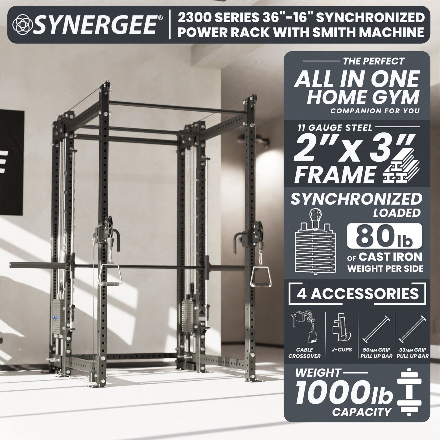 Synergee 2300 Series Power Cage with Synchronized Loaded Cable Cross Overs and Smith Machine - Grit Grind Strength