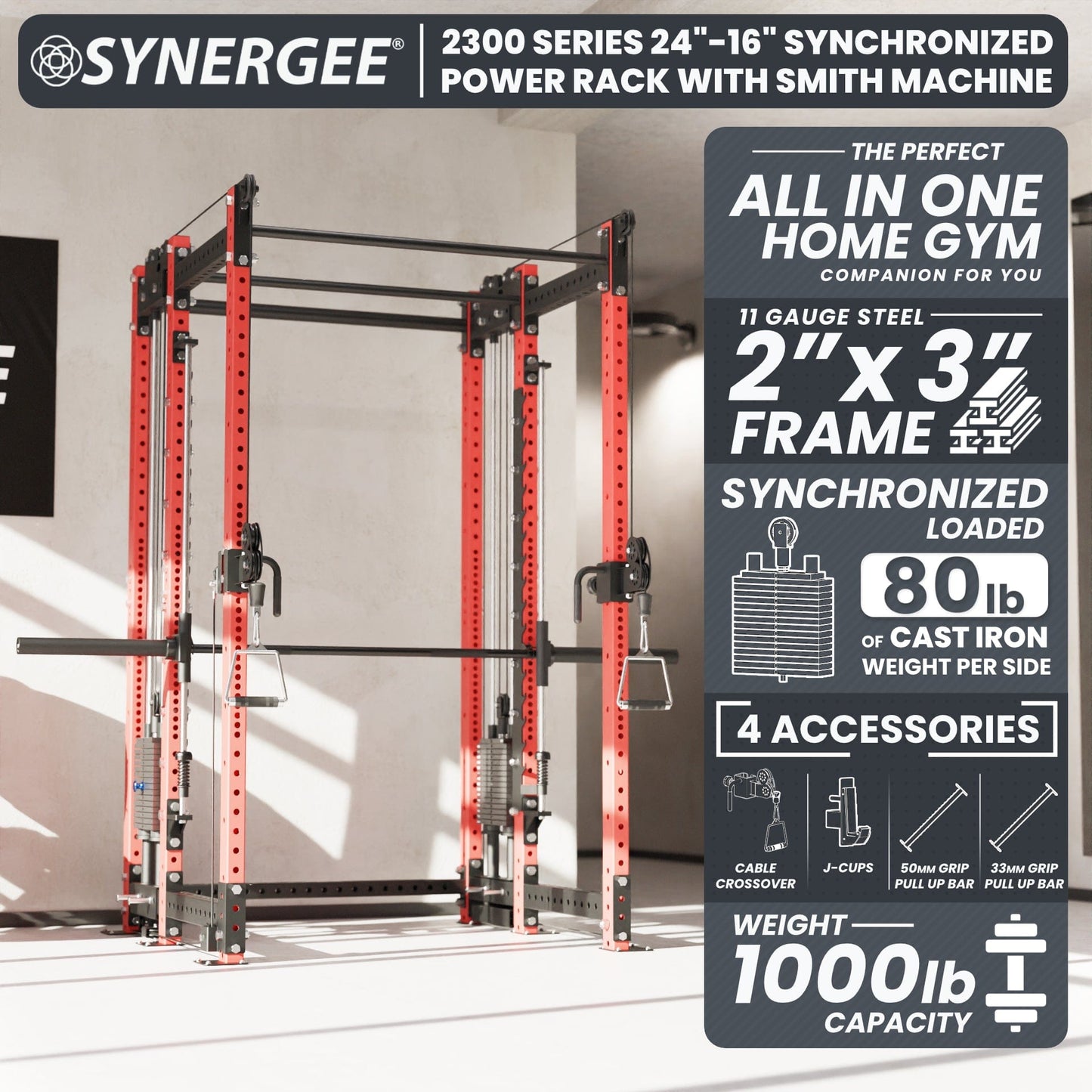 Synergee 2300 Series Power Cage with Synchronized Loaded Cable Cross Overs and Smith Machine - Grit Grind Strength