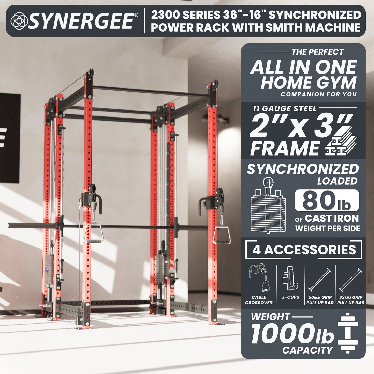 Synergee 2300 Series Power Cage with Synchronized Loaded Cable Cross Overs and Smith Machine - Grit Grind Strength