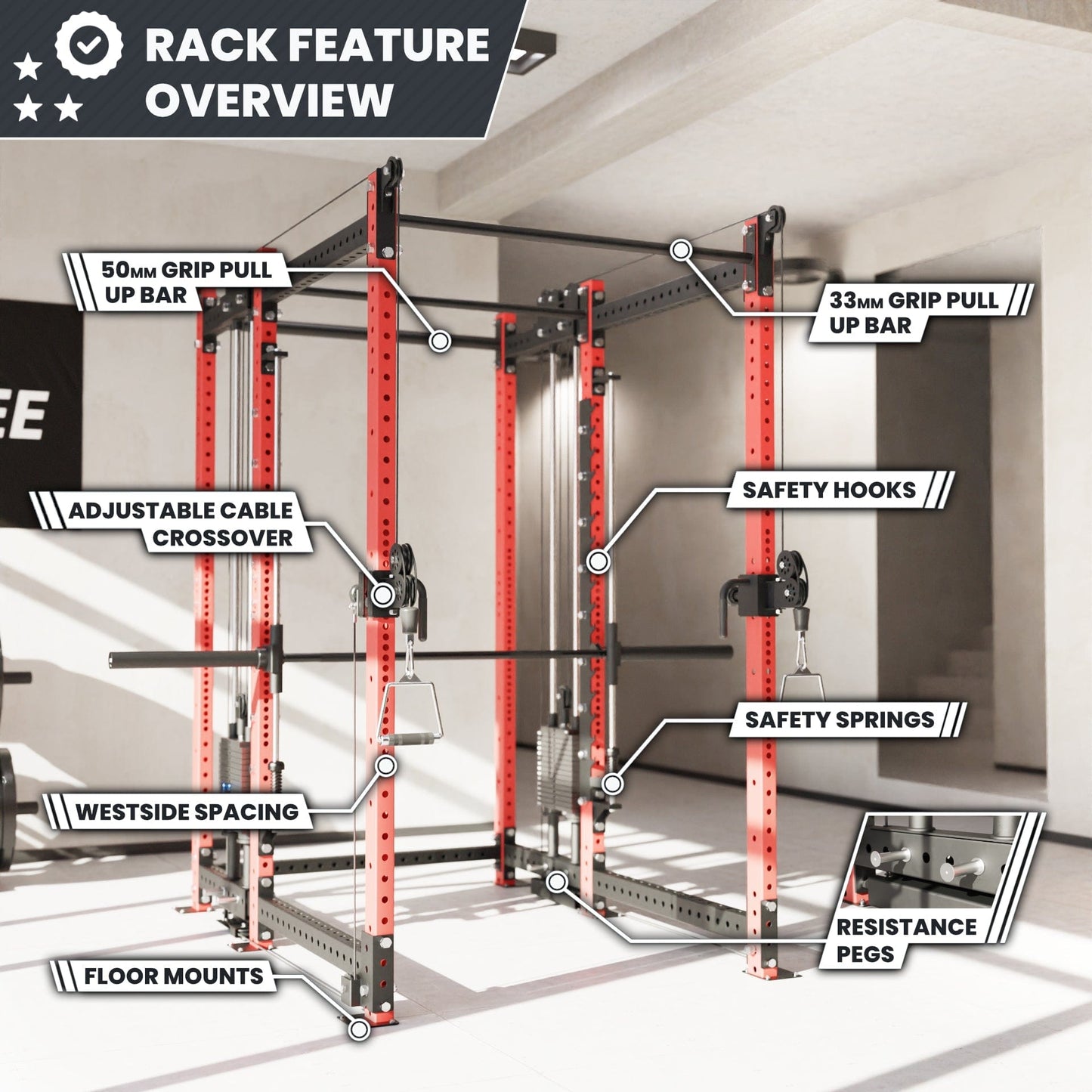 Synergee 2300 Series Power Cage with Synchronized Loaded Cable Cross Overs and Smith Machine - Grit Grind Strength