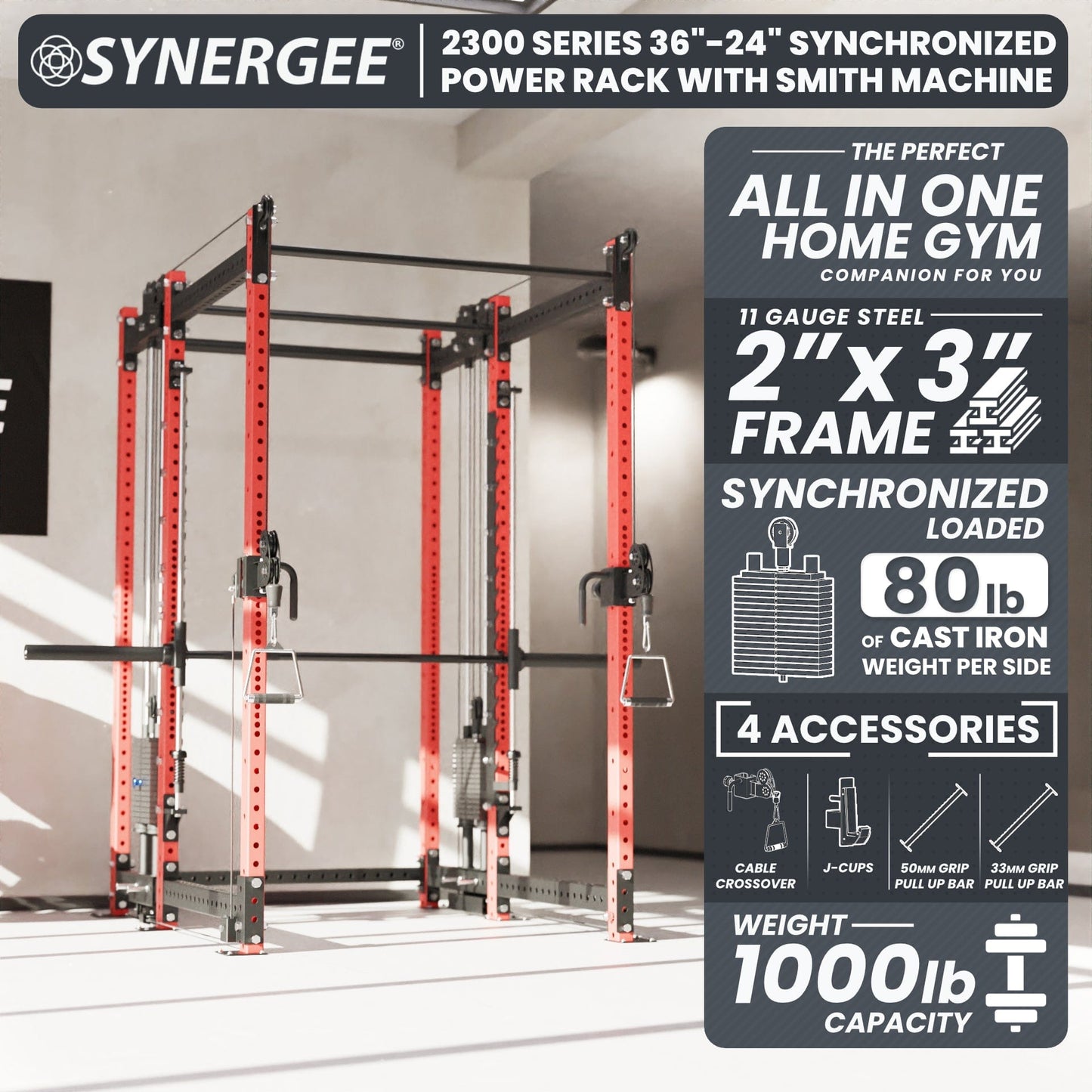 Synergee 2300 Series Power Cage with Synchronized Loaded Cable Cross Overs and Smith Machine - Grit Grind Strength
