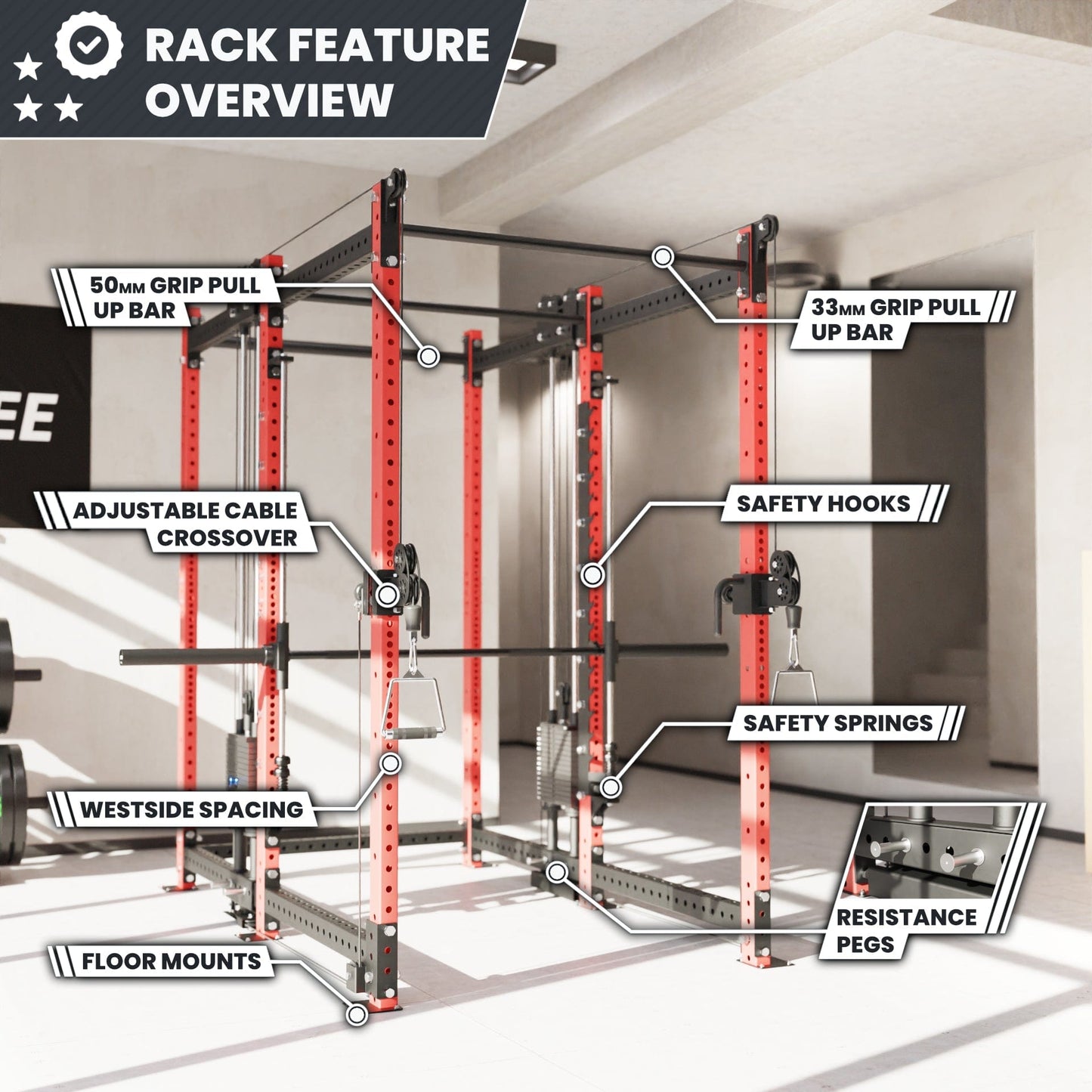 Synergee 2300 Series Power Cage with Synchronized Loaded Cable Cross Overs and Smith Machine - Grit Grind Strength