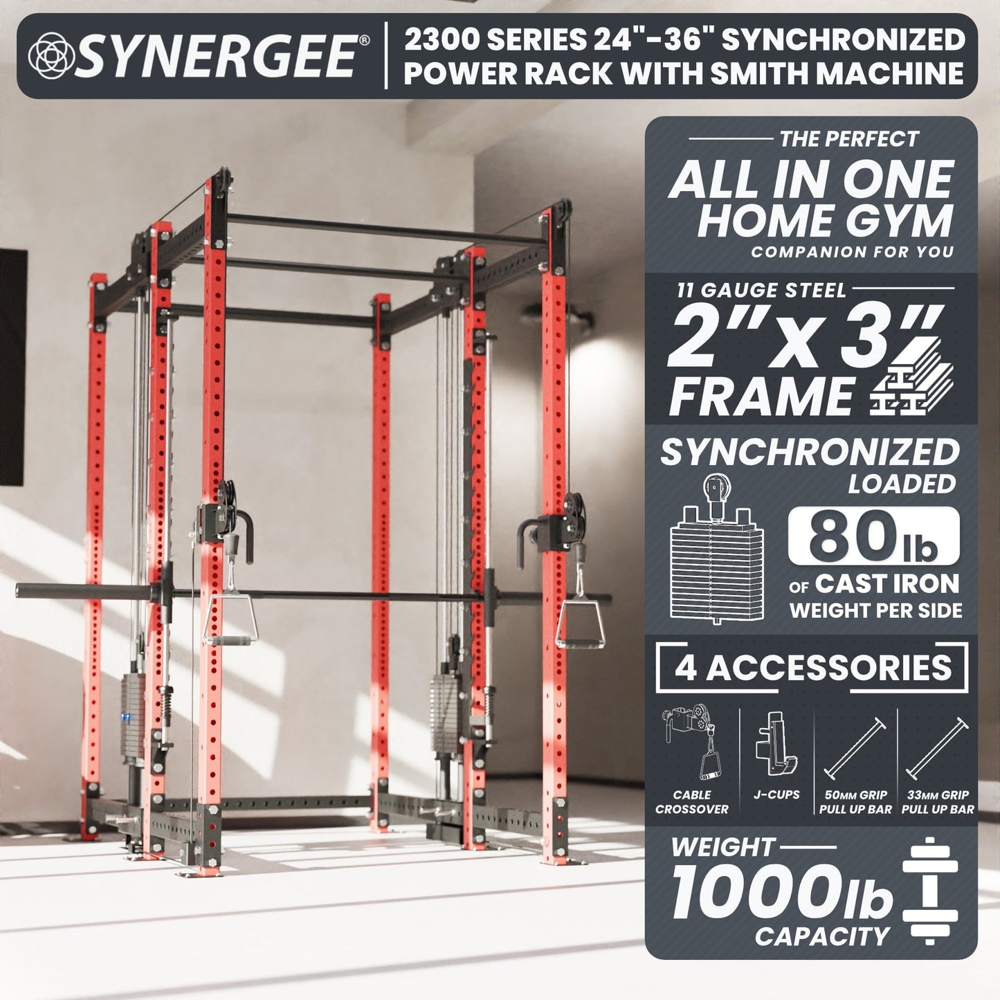 Synergee 2300 Series Power Cage with Synchronized Loaded Cable Cross Overs and Smith Machine - Grit Grind Strength