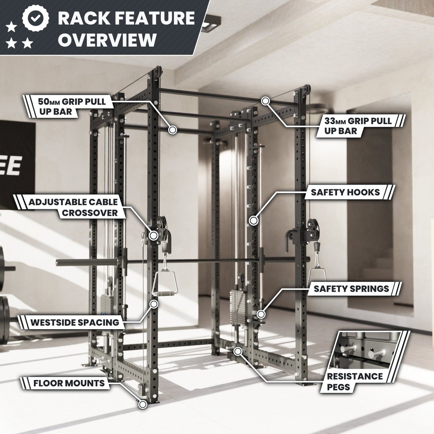 Synergee 2300 Series Power Cage with Synchronized Loaded Cable Cross Overs and Smith Machine - Grit Grind Strength