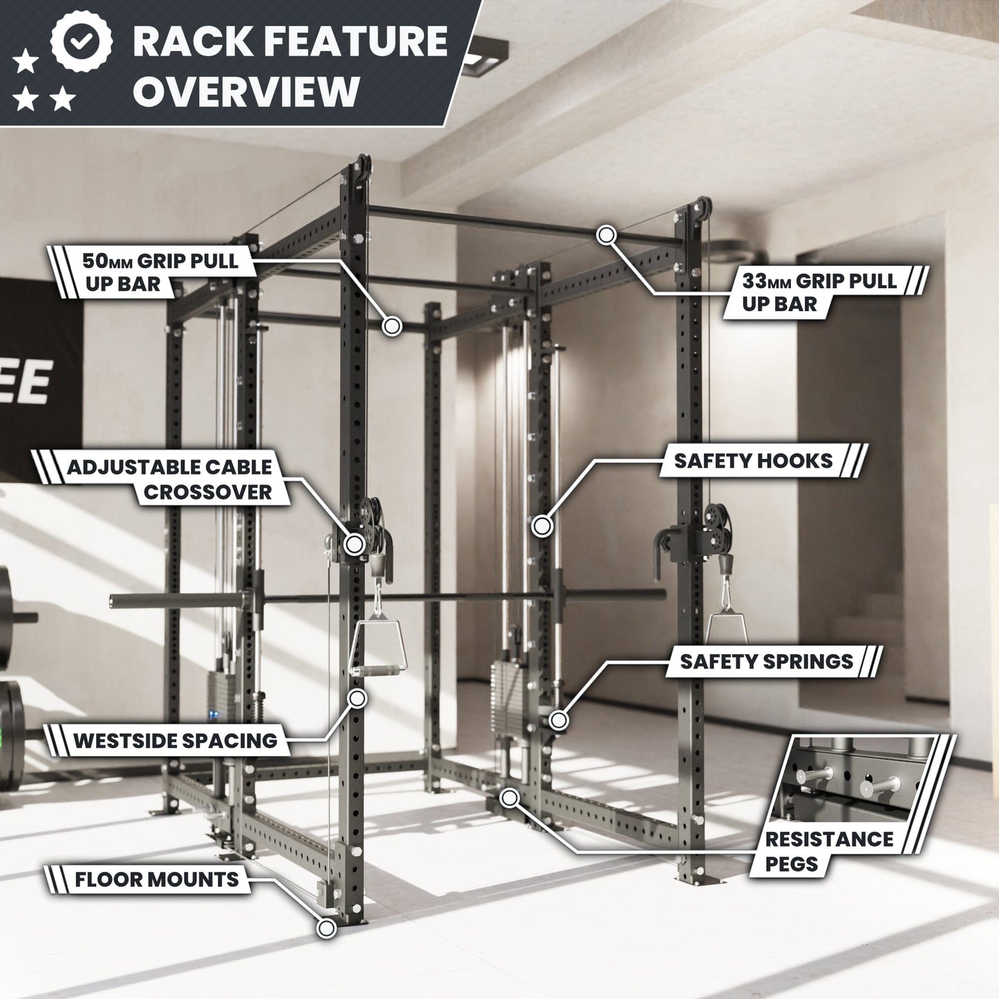 Synergee 2300 Series Power Cage with Synchronized Loaded Cable Cross Overs and Smith Machine - Grit Grind Strength