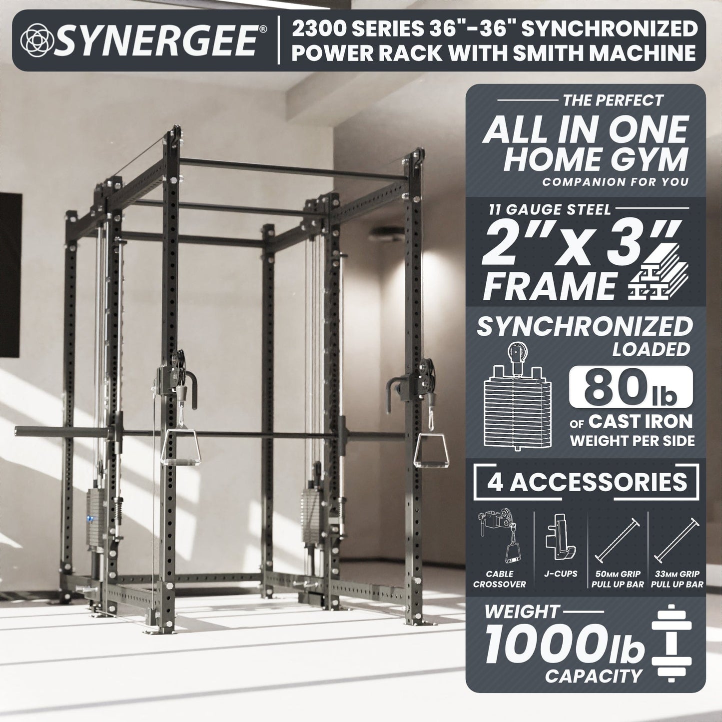 Synergee 2300 Series Power Cage with Synchronized Loaded Cable Cross Overs and Smith Machine - Grit Grind Strength