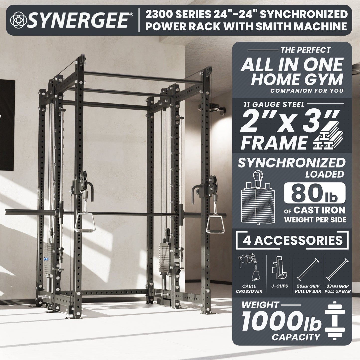 Synergee 2300 Series Power Cage with Synchronized Loaded Cable Cross Overs and Smith Machine - Grit Grind Strength