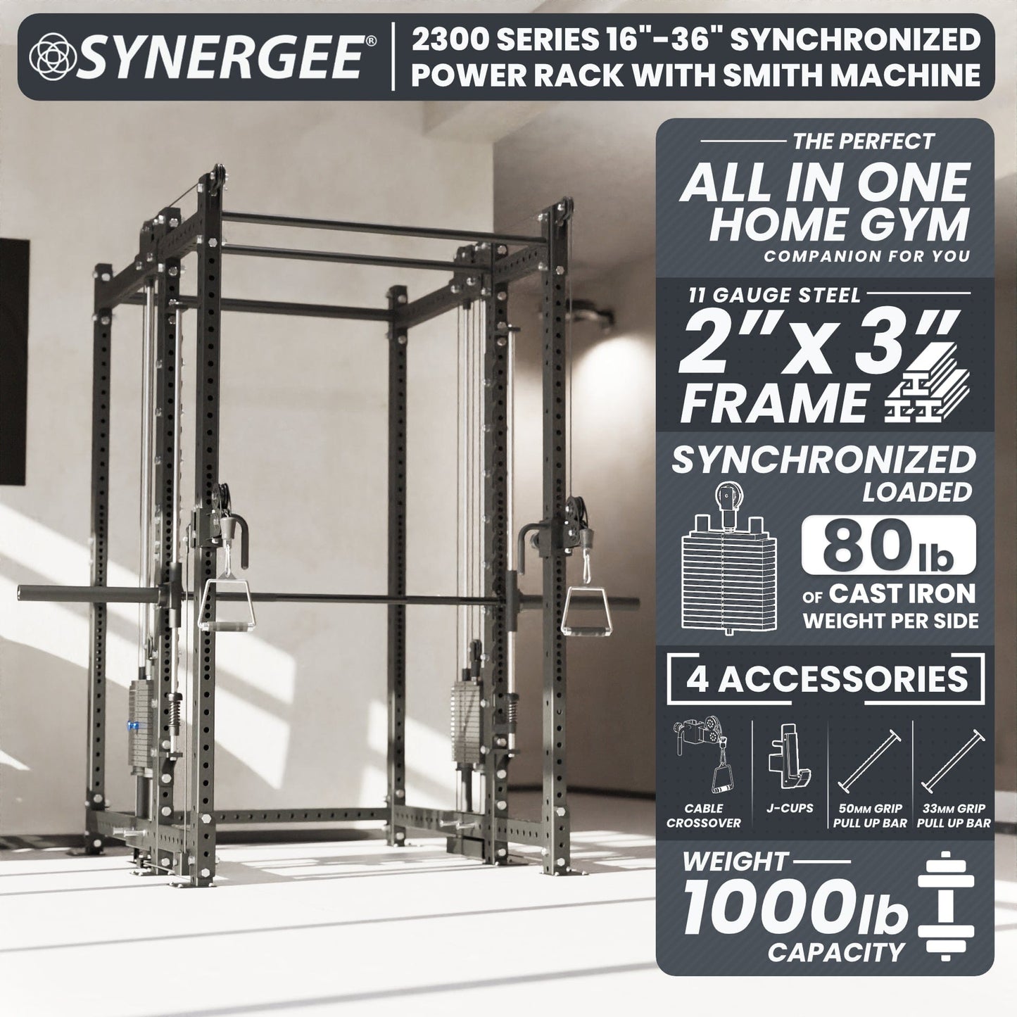 Synergee 2300 Series Power Cage with Synchronized Loaded Cable Cross Overs and Smith Machine - Grit Grind Strength