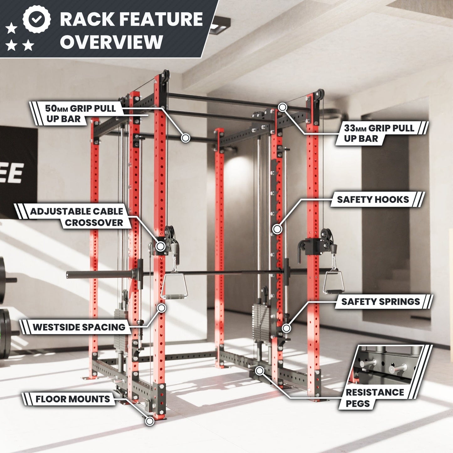 Synergee 2300 Series Power Cage with Synchronized Loaded Cable Cross Overs and Smith Machine - Grit Grind Strength