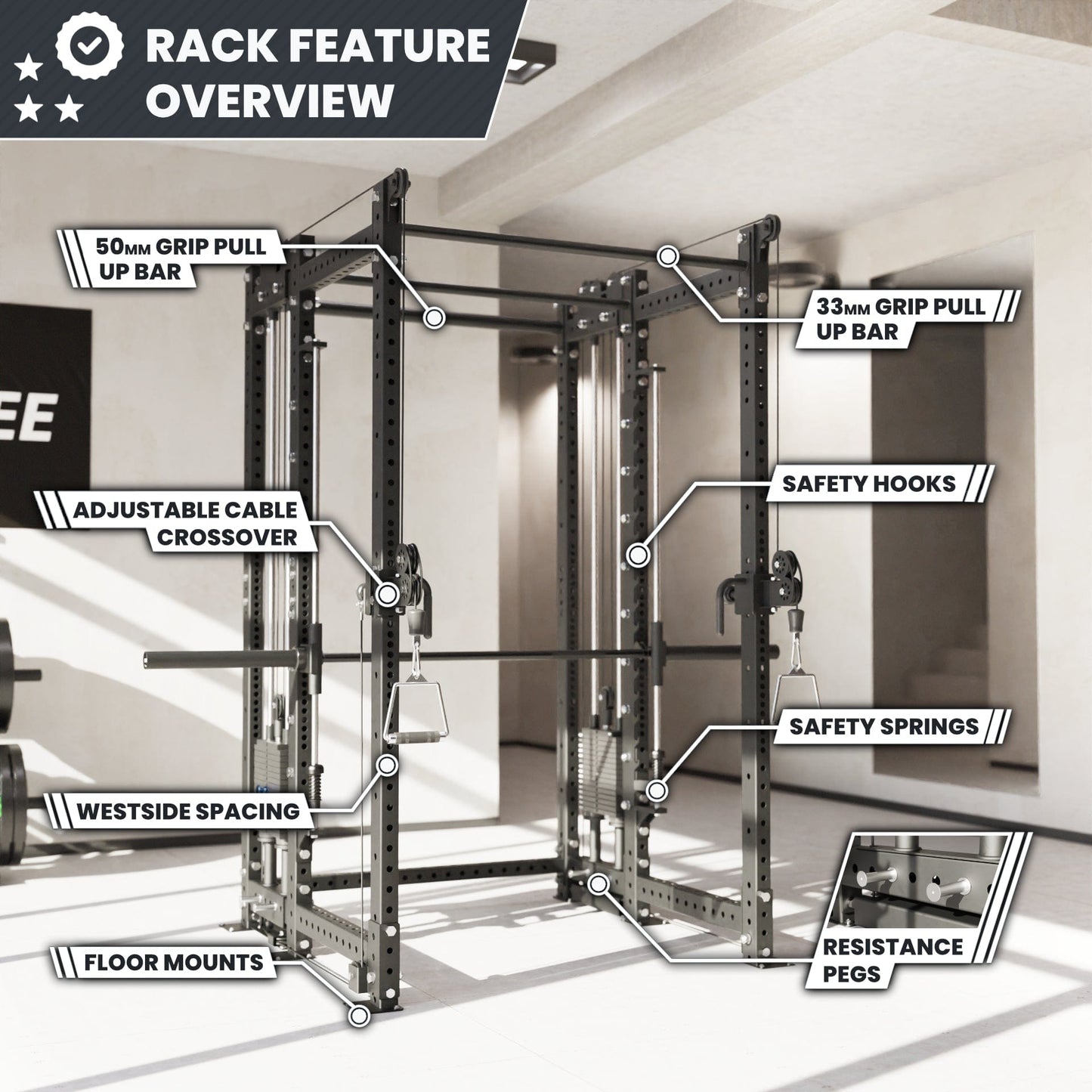 Synergee 2300 Series Power Cage with Synchronized Loaded Cable Cross Overs and Smith Machine - Grit Grind Strength