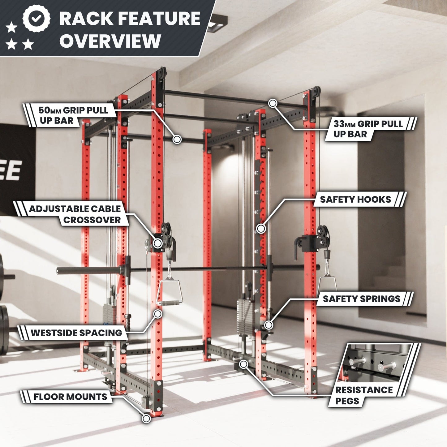 Synergee 2300 Series Power Cage with Synchronized Loaded Cable Cross Overs and Smith Machine - Grit Grind Strength
