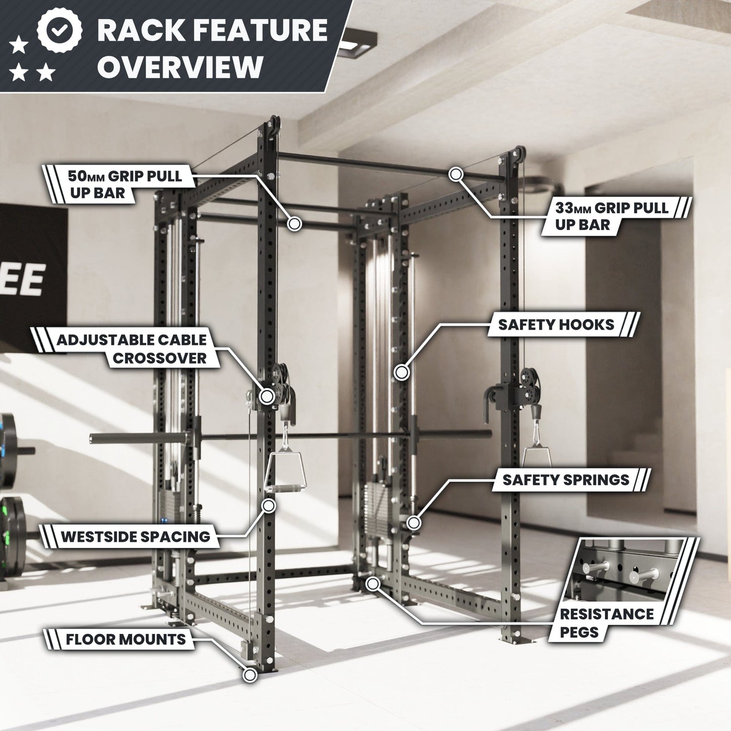 Synergee 2300 Series Power Cage with Synchronized Loaded Cable Cross Overs and Smith Machine - Grit Grind Strength