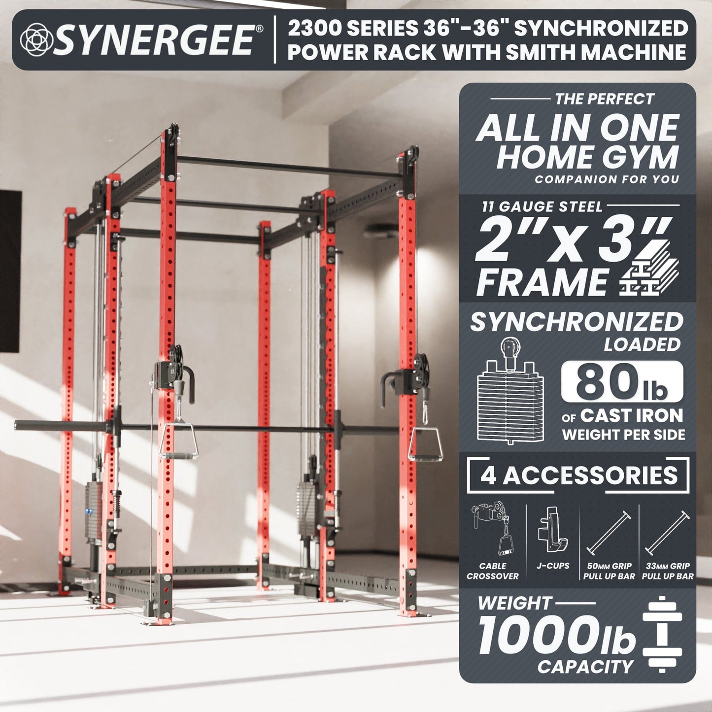 Synergee 2300 Series Power Cage with Synchronized Loaded Cable Cross Overs and Smith Machine - Grit Grind Strength