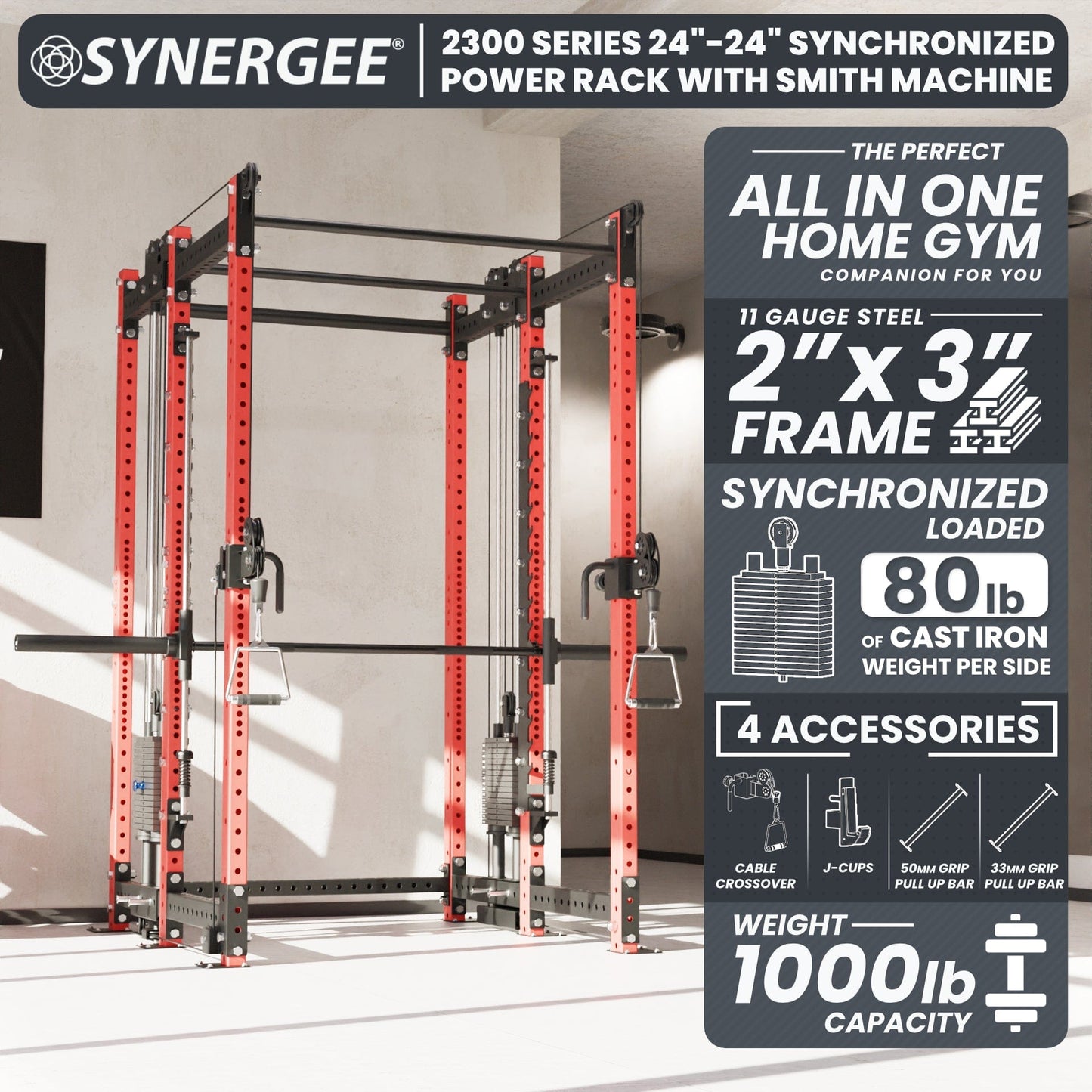 Synergee 2300 Series Power Cage with Synchronized Loaded Cable Cross Overs and Smith Machine - Grit Grind Strength