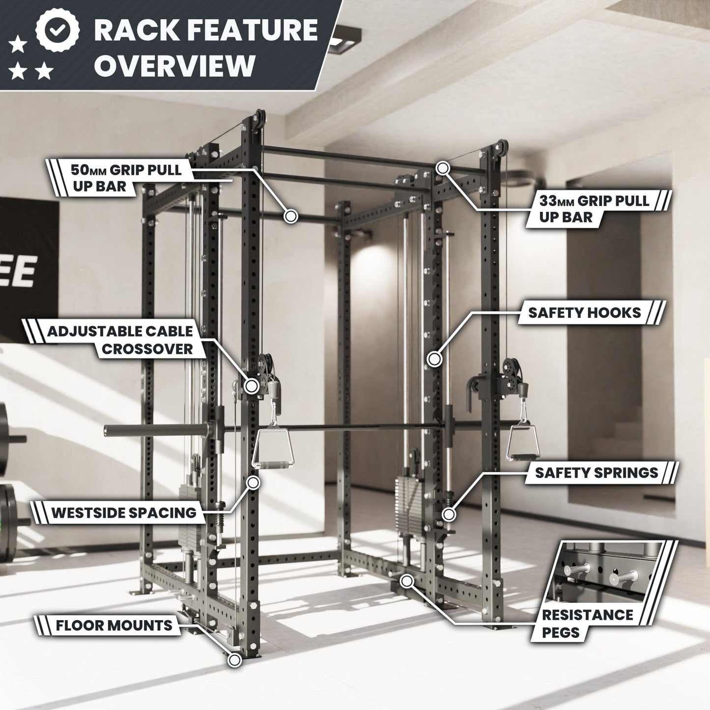 Synergee 2300 Series Power Cage with Synchronized Loaded Cable Cross Overs and Smith Machine - Grit Grind Strength