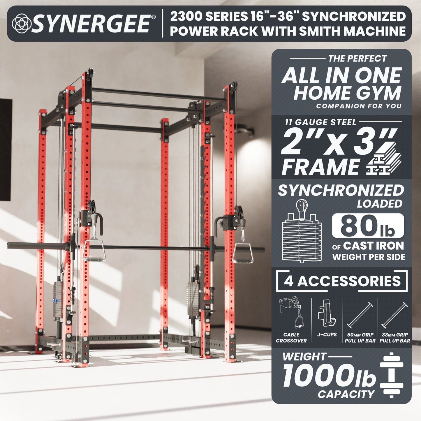 Synergee 2300 Series Power Cage with Synchronized Loaded Cable Cross Overs and Smith Machine - Grit Grind Strength