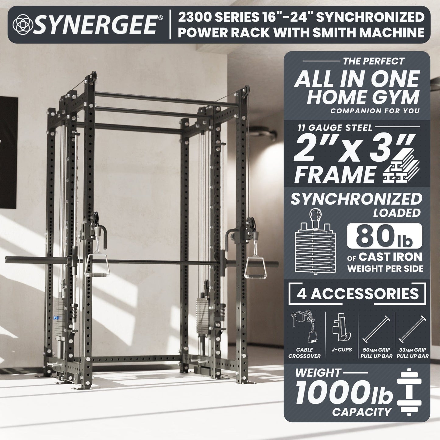 Synergee 2300 Series Power Cage with Synchronized Loaded Cable Cross Overs and Smith Machine - Grit Grind Strength