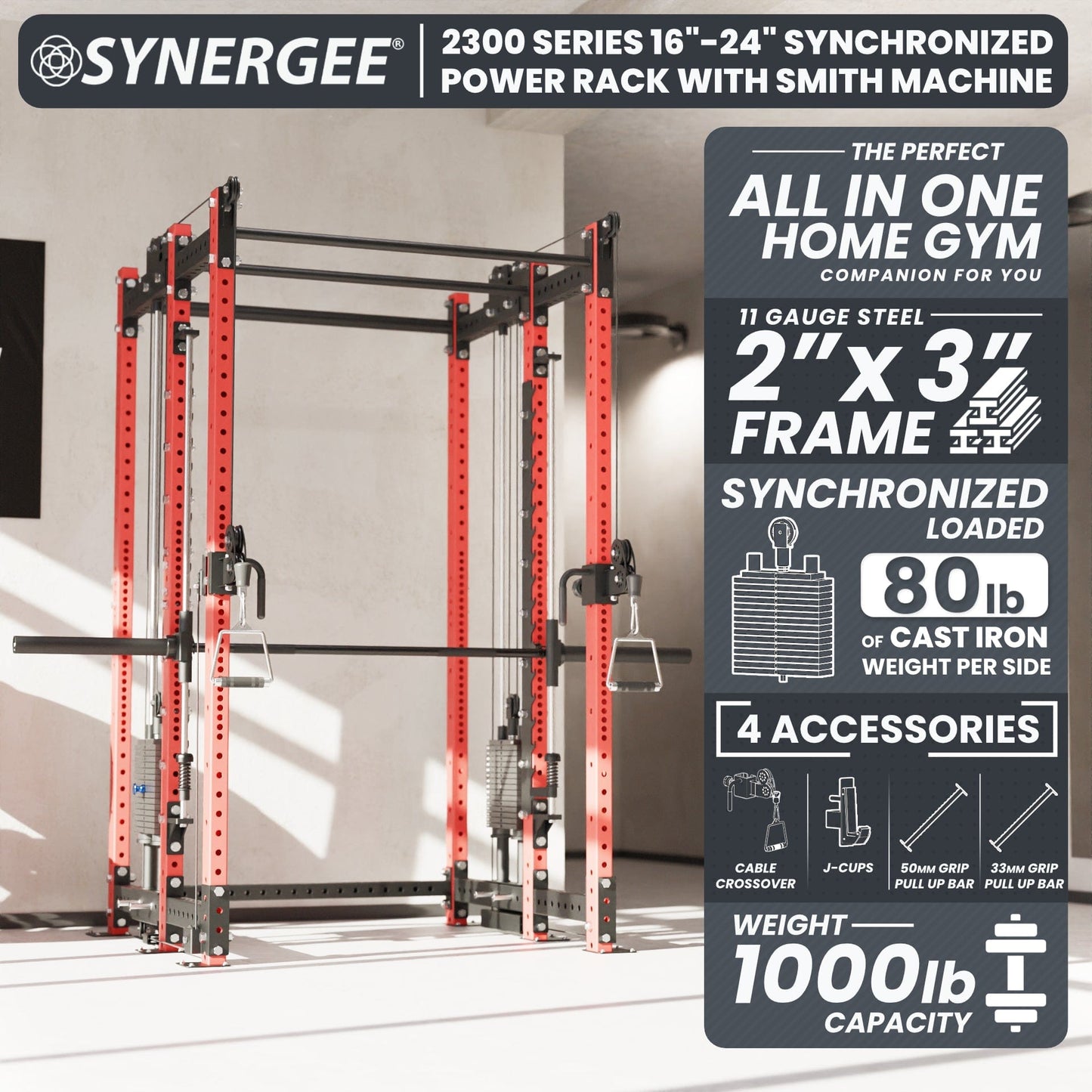 Synergee 2300 Series Power Cage with Synchronized Loaded Cable Cross Overs and Smith Machine - Grit Grind Strength