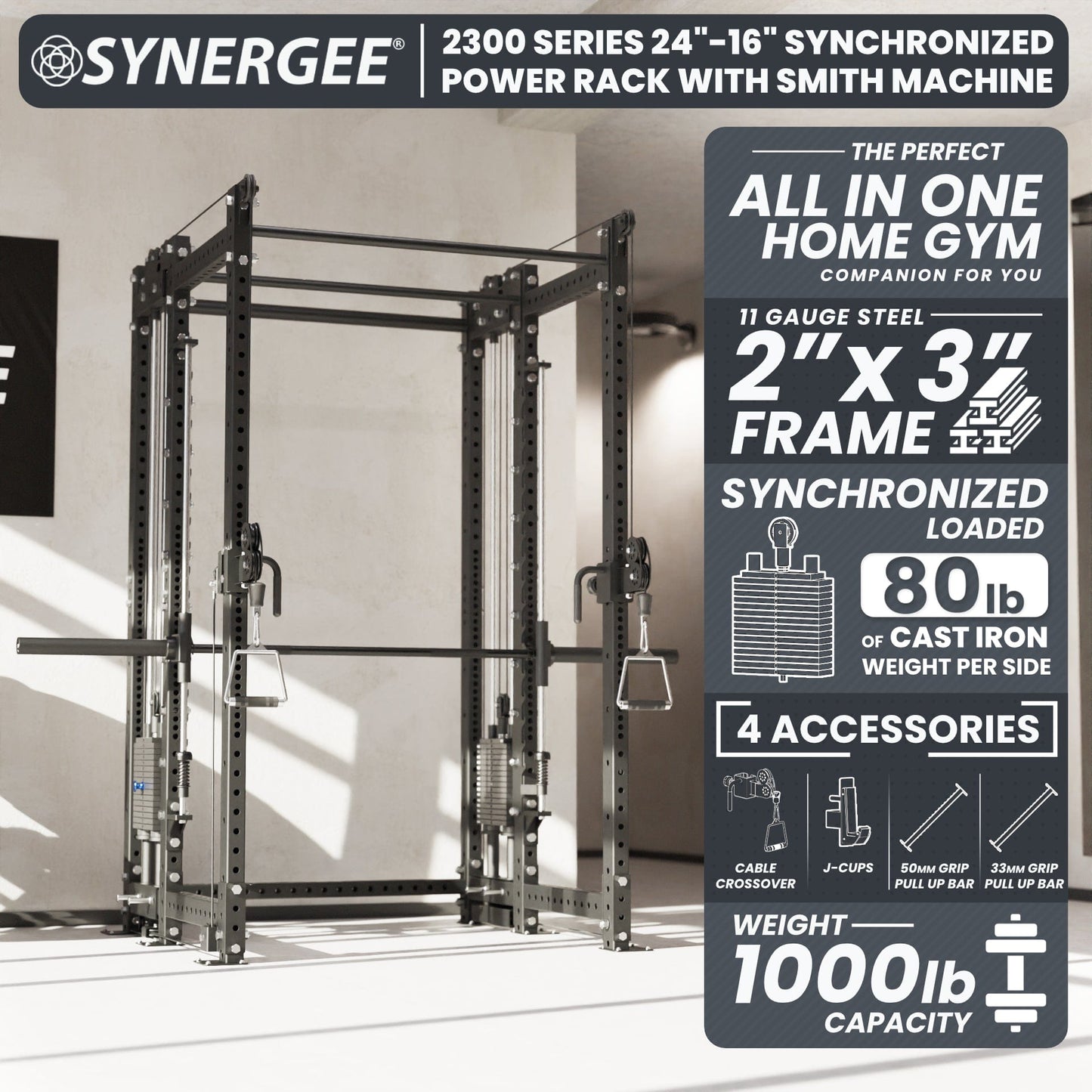 Synergee 2300 Series Power Cage with Synchronized Loaded Cable Cross Overs and Smith Machine - Grit Grind Strength