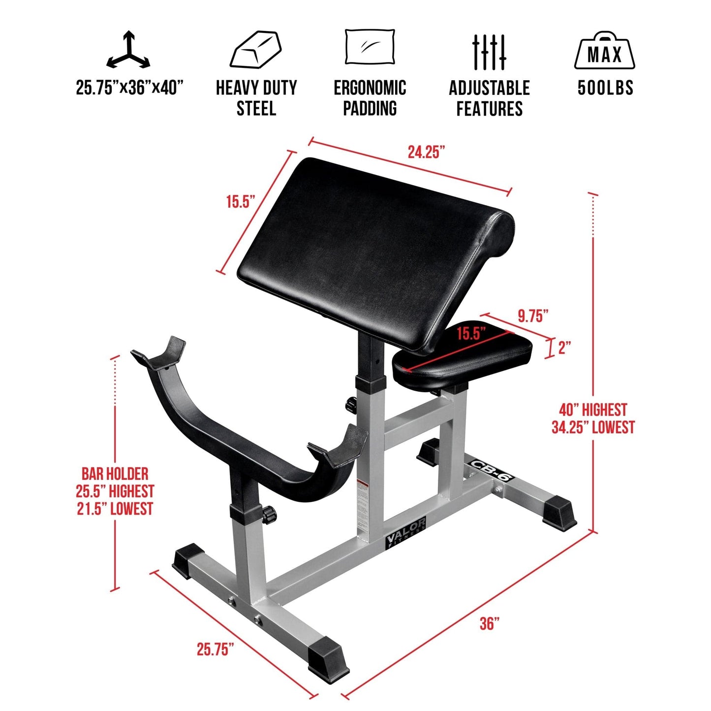Valor Fitness Exercise Benches Adjustable Seated Preacher Curl Bench