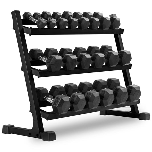 10 - Pairs, 5 to 50 lbs. Hex Dumbbells Includes 3 - Tier Storage Rack - Grit Grind Strength